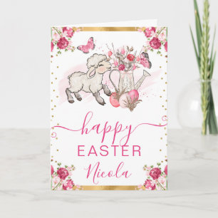 Watercolor Pink Flowers Lamb Happy Easter Card