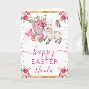 Watercolor Pink Flowers Lamb Happy Easter Card