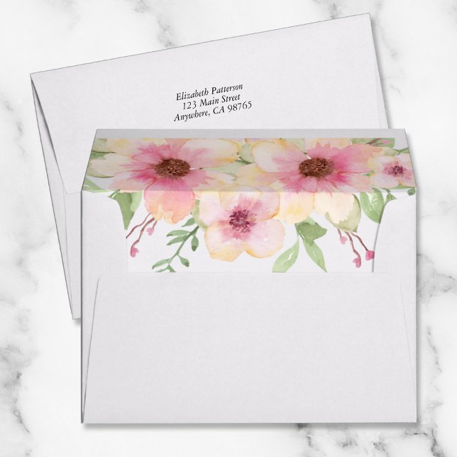 Watercolor Pink Flowers Lined Envelope (Creator Uploaded)