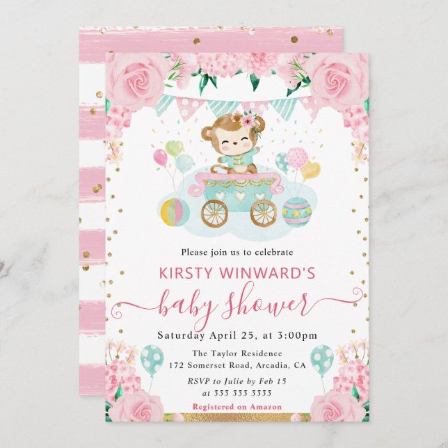 Watercolor Pink Flowers Monkey Baby Shower Invitation (Front/Back)