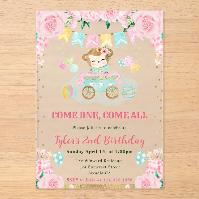 Watercolor Pink Flowers Monkey Kids Birthday Acrylic Invitations (Front)