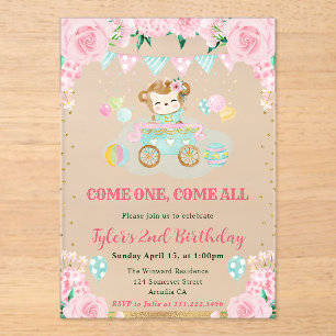 Watercolor Pink Flowers Monkey Kids Birthday Acrylic Invitations