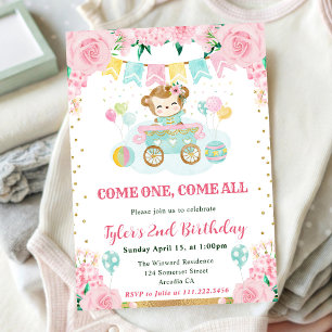 Watercolor Pink Flowers Monkey Kids Birthday Invitation