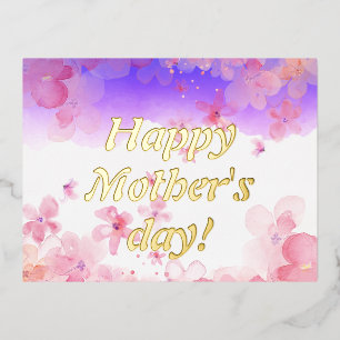 Watercolor pink flowers mother day wish foil holiday postcard