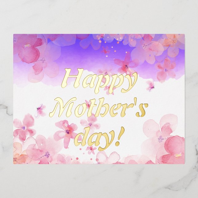 Watercolor pink flowers mother day wish foil holiday postcard (Front)
