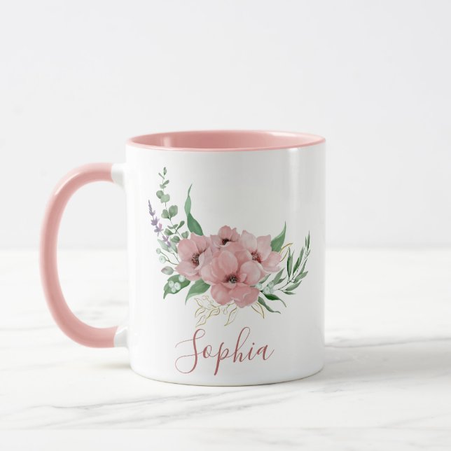 Watercolor Pink Flowers Name Mug (Left)