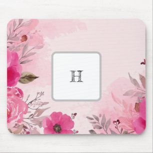 Watercolor Pink Flowers on a Monogram Mousepad