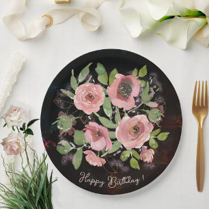 Watercolor Pink flowers on Black Paper Plate