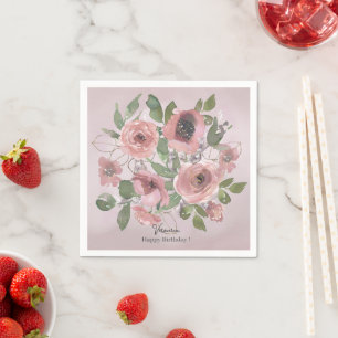 Watercolor Pink flowers on Pink Napkin