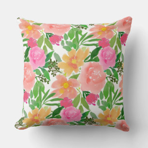 Watercolor Pink Flowers on White Cushion