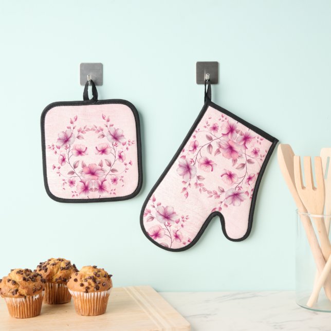 Watercolor Pink Flowers Oven Mitt & Pot Holder Set (Insitu(Hanging))
