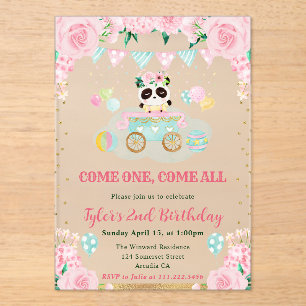 Watercolor Pink Flowers Panda Kids Birthday Acrylic Invitations