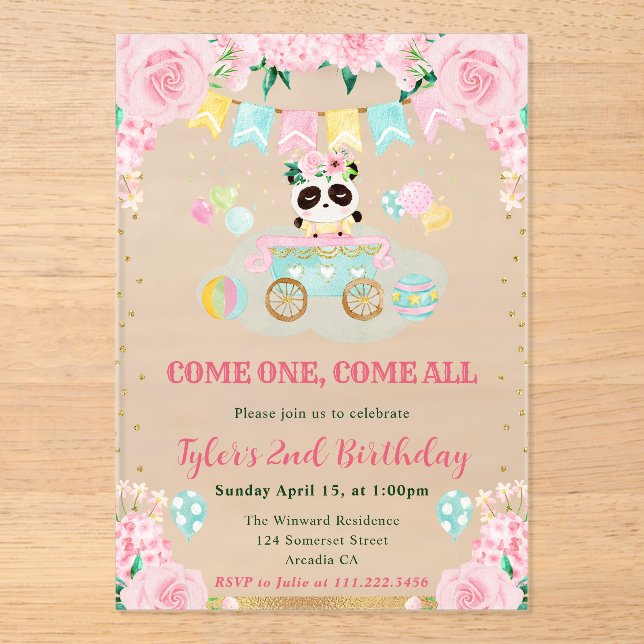 Watercolor Pink Flowers Panda Kids Birthday Acrylic Invitations (Front)