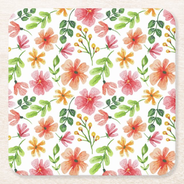 Watercolor Pink Flowers Pattern-69677 Square Paper Coaster (Front)