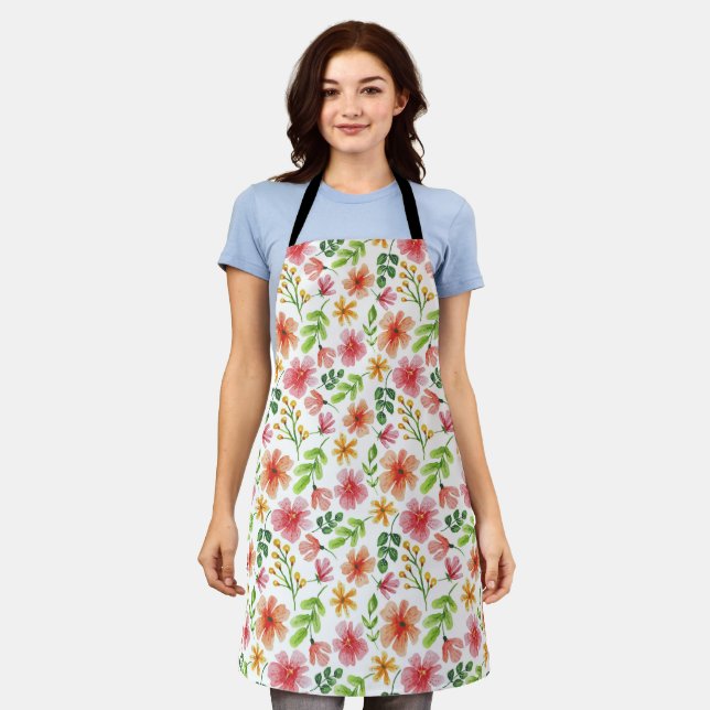 Watercolor Pink Flowers Pattern Apron (Worn)