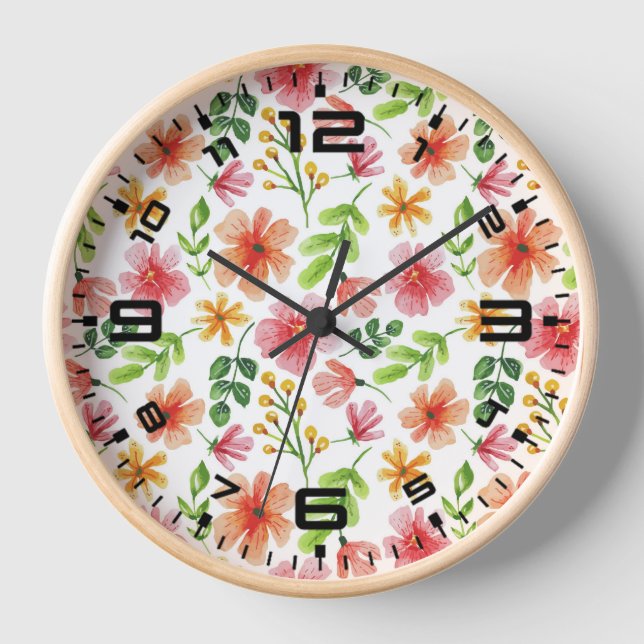 Watercolor Pink Flowers Pattern Clock (Front)
