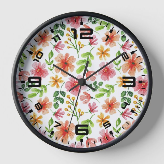 Watercolor Pink Flowers Pattern Clock (Front)