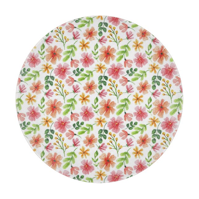 Watercolor Pink Flowers Pattern Cutting Board (Front)