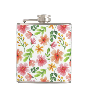 Watercolor Pink Flowers Pattern Hip Flask