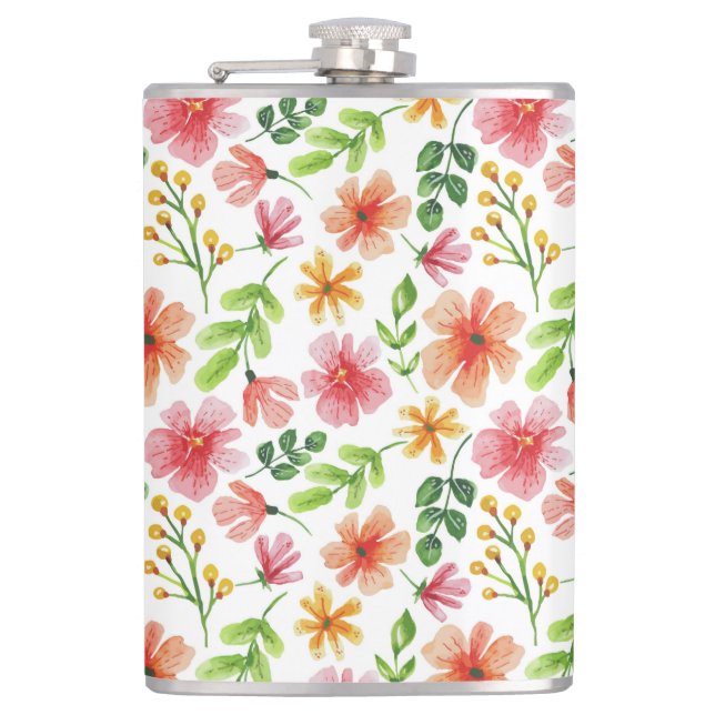 Watercolor Pink Flowers Pattern Hip Flask (Front)