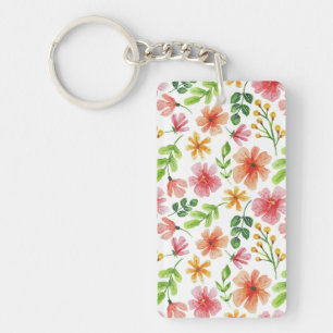 Watercolor Pink Flowers Pattern Key Ring