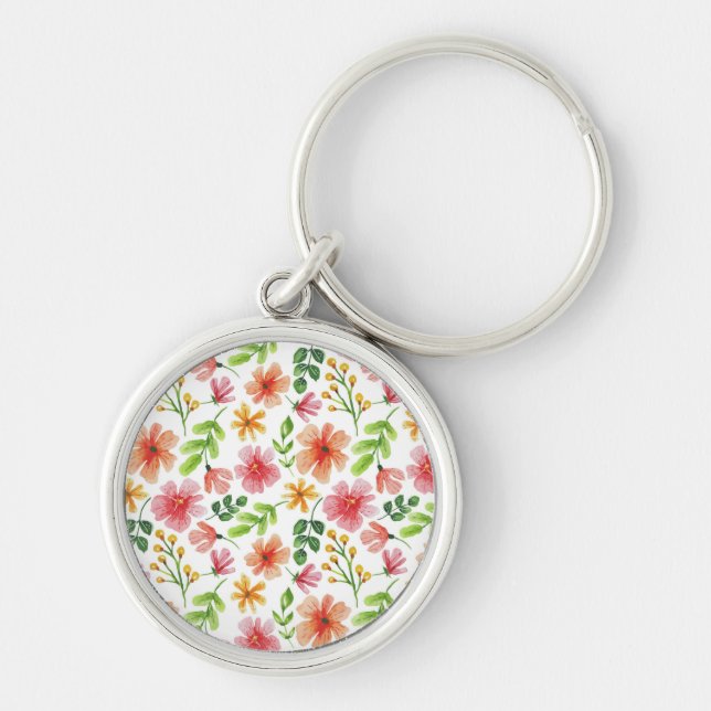 Watercolor Pink Flowers Pattern Key Ring (Front)