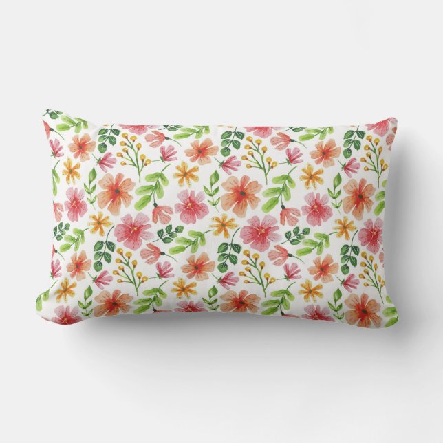 Watercolor Pink Flowers Pattern Lumbar Cushion (Front)