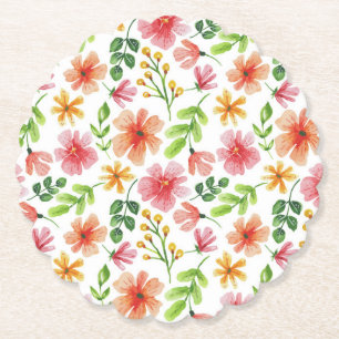 Watercolor Pink Flowers Pattern Paper Coaster
