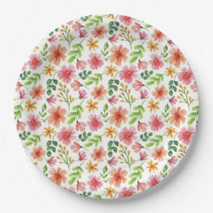 Watercolor Pink Flowers Pattern Paper Plate