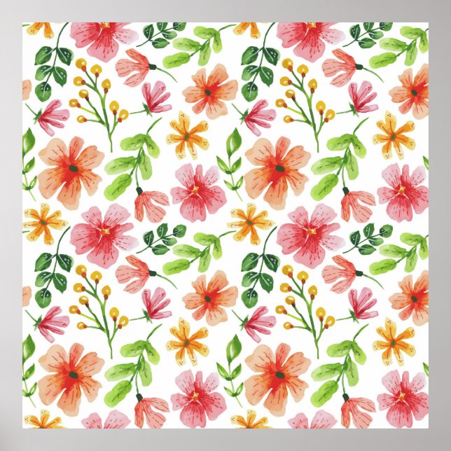 Watercolor Pink Flowers Pattern Poster (Front)