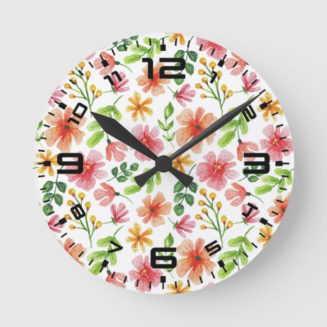 Watercolor Pink Flowers Pattern Round Clock (Front)