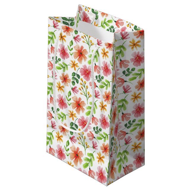 Watercolor Pink Flowers Pattern Small Gift Bag (Front Angled)