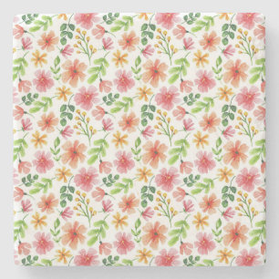 Watercolor Pink Flowers Pattern Stone Coaster