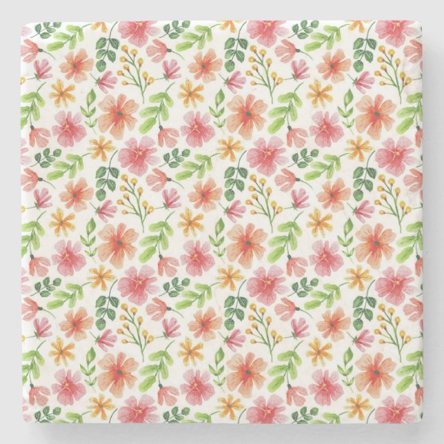Watercolor Pink Flowers Pattern Stone Coaster (Front)