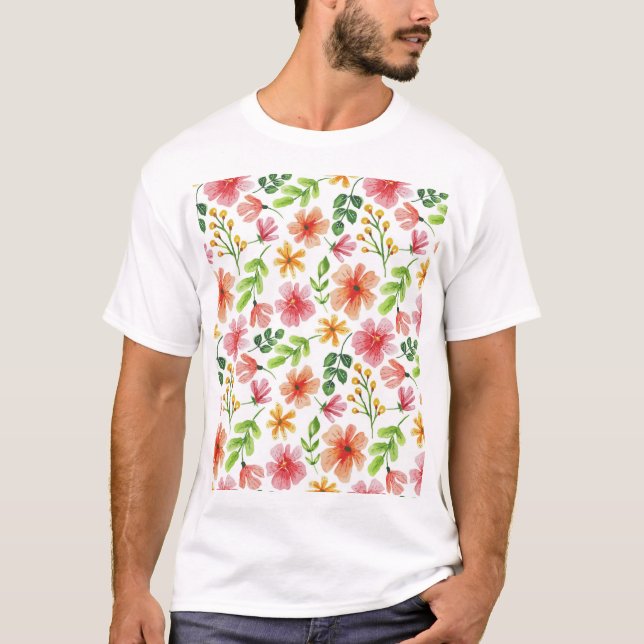 Watercolor Pink Flowers Pattern T-Shirt (Front)