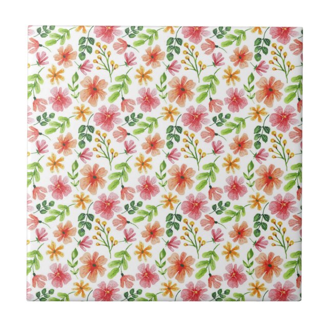 Watercolor Pink Flowers Pattern Tile (Front)