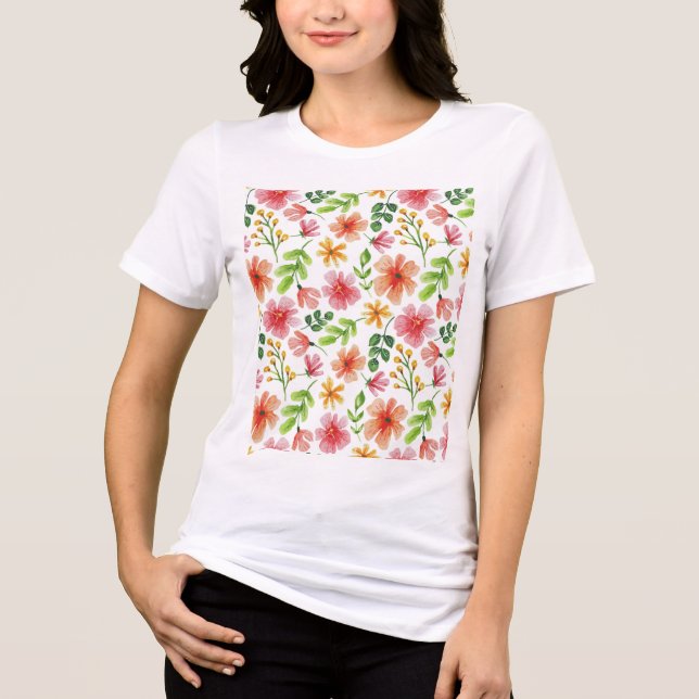 Watercolor Pink Flowers Pattern Tri-Blend Shirt (Front)
