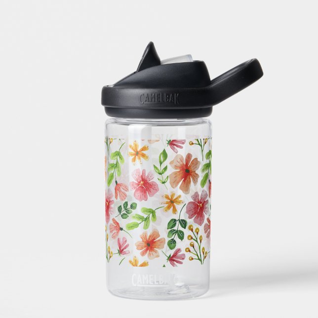 Watercolor Pink Flowers Pattern Water Bottle (Left)