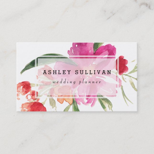 Watercolor Pink Flowers Posy Floral Business Card (Front)