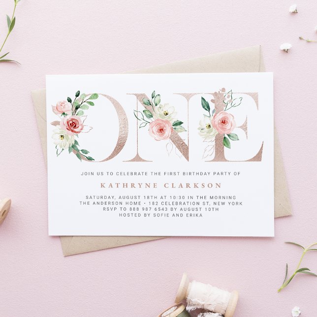 Watercolor Pink Flowers Rose Gold First Birthday Invitation (Creator Uploaded)