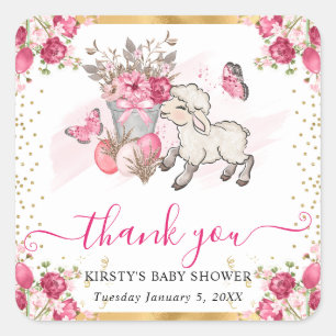 Watercolor Pink Flowers Spring Lamb Baby Shower Square Sticker