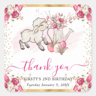 Watercolor Pink Flowers Spring Lamb Birthday Square Sticker