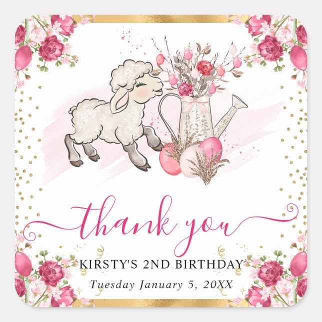 Watercolor Pink Flowers Spring Lamb Birthday Square Sticker (Front)