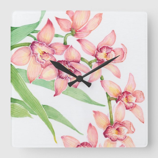 Watercolor Pink Flowers Square Wall Clock (Front)