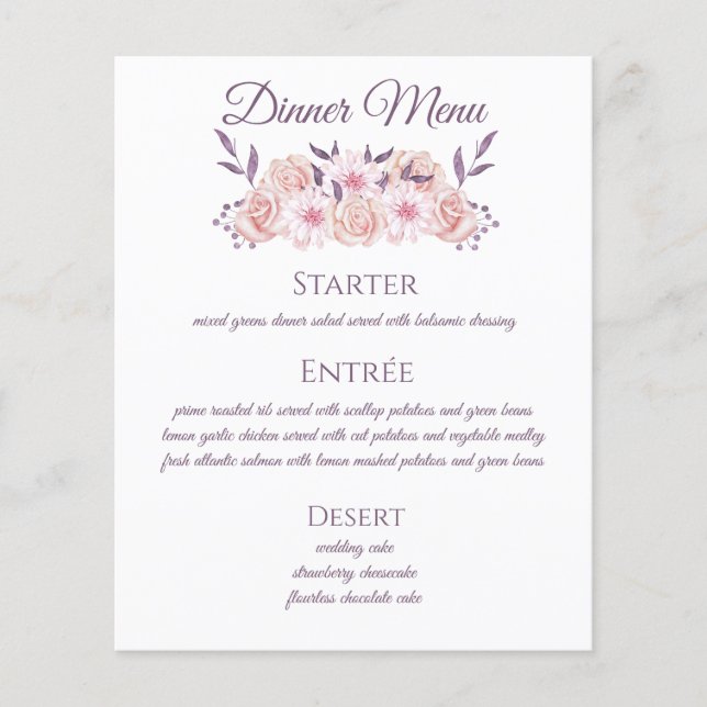 Watercolor Pink Flowers-Wedding Menu (Front)