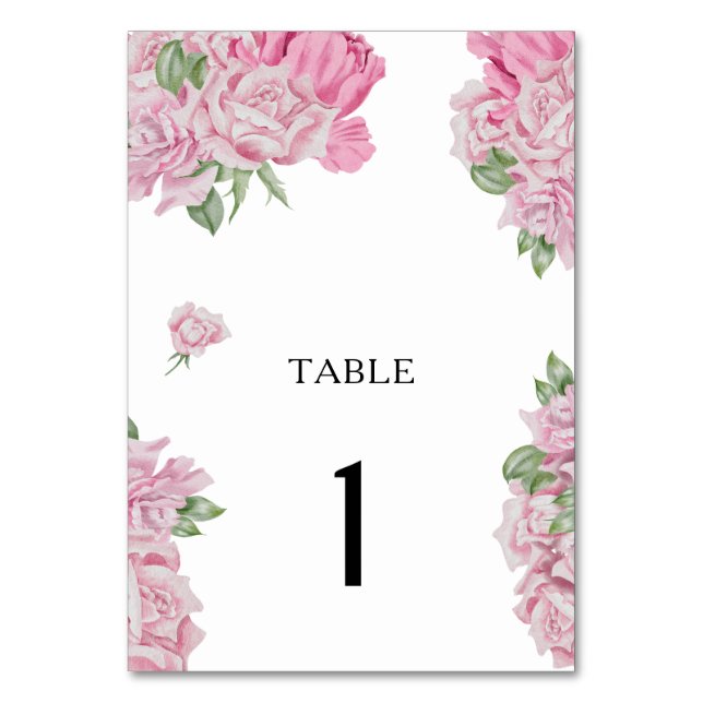 Watercolor pink flowers - wedding table number (Front)