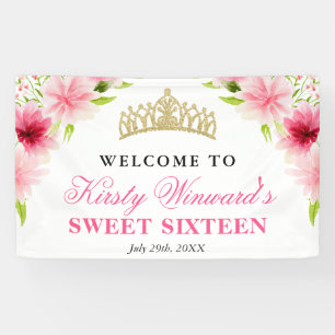 Watercolor Pink Flowers Welcome Sweet Sixteen Banner