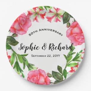 Watercolor Pink Flowers Wreath Circle Paper Plate