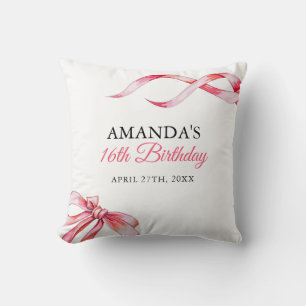 Watercolor Pink Flowing Ribbon Sweet 16 Birthday Cushion