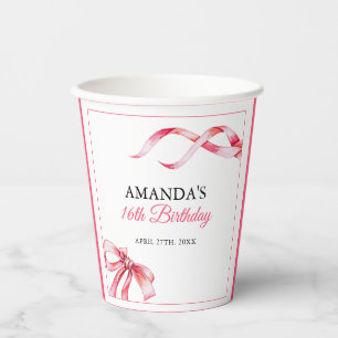 Watercolor Pink Flowing Ribbon Sweet 16 Birthday Paper Cups
